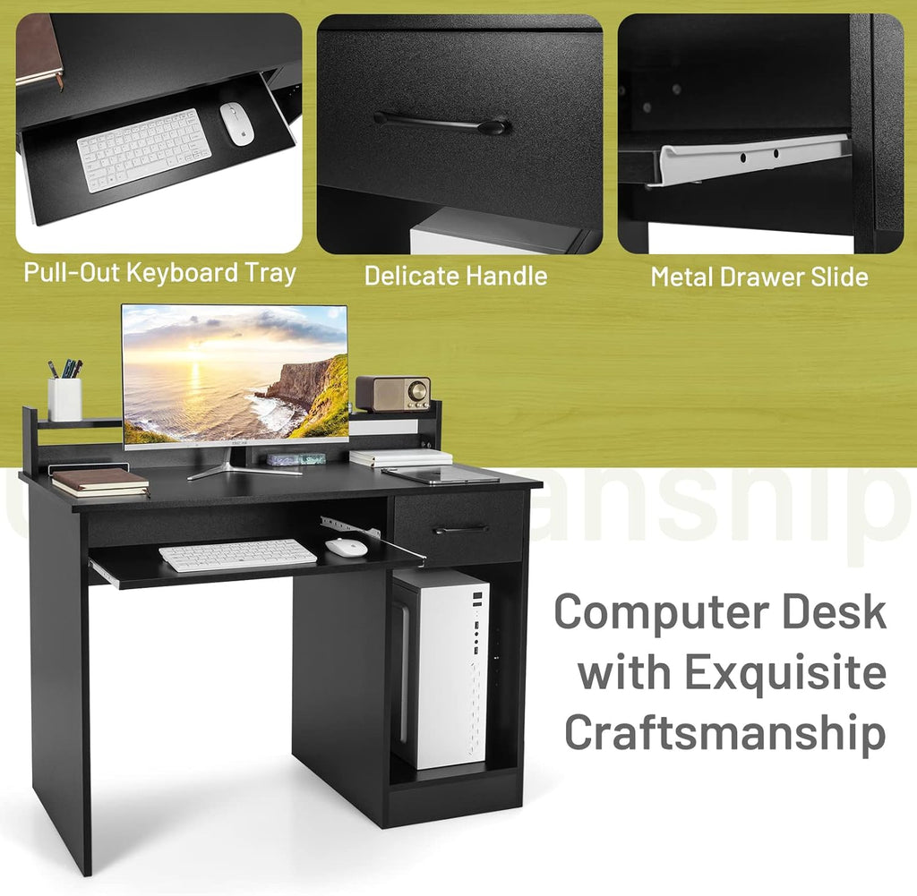 Computer Desk with Drawer & Keyboard Tray, Modern Study Writing Desk with Desktop Hutch & Storage Shelves, Home Office Wooden PC Laptop Desk, Desk for Bedroom