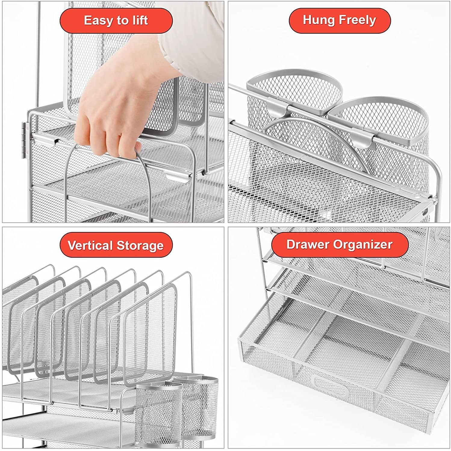 Desk Organizer with Drawer, 4-Tier Mesh Desk File Organizer with 5 Vertical File Holders and 2 Pen Holders, Multifunction Desktop Organizer