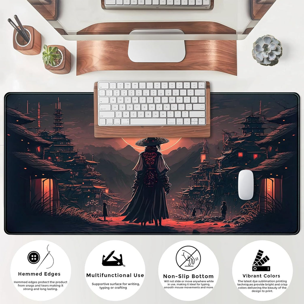 Japanese Landscape Desk Mat Post Moonlight Samurai Mouse Pad Large Dark Aesthetic Desk Pad Gaming Mousepad Extended XXL 31.5 X 15.7 in Laptop Computer Mouse Keyboard Mat