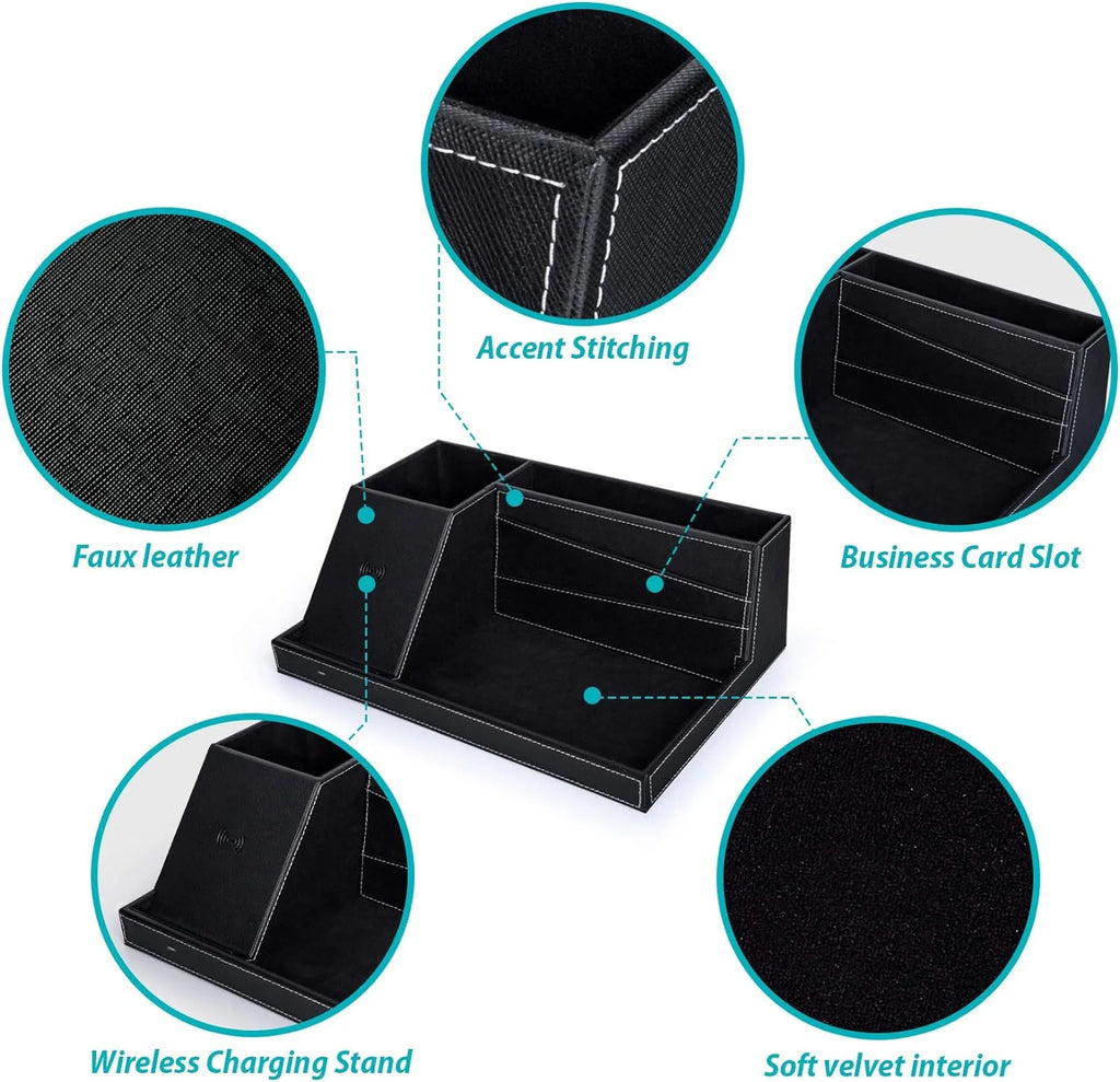 Desk Organizer with Wireless Charging for Iphone, PU Leather Valet Catchall Tray with Pencil Holder for Desk & Nightstand Organizer Home Office, 1 Pack