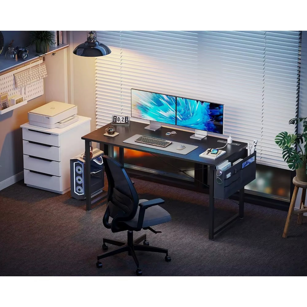 Small Desk with Power Outlets and USB Port - Modern Home Office Gaming Desk with Storage
