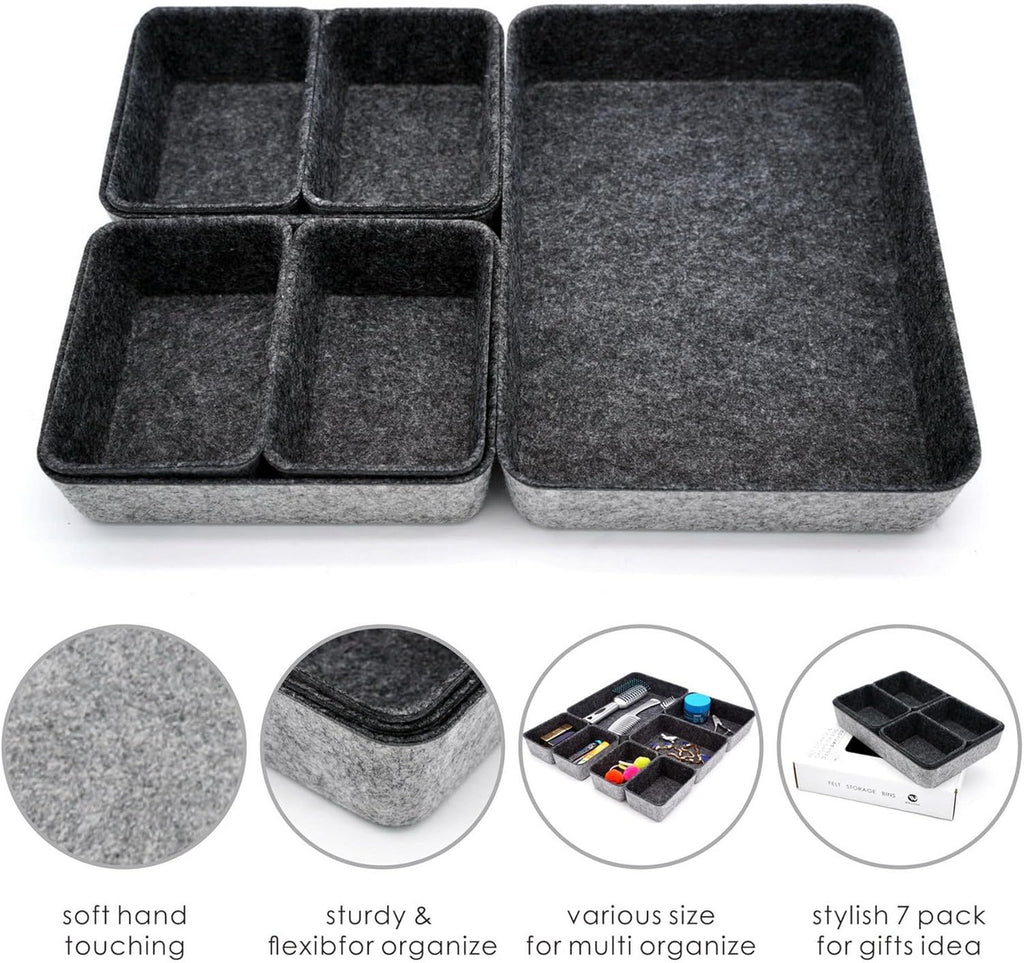 Drawer Organizers Tray Felt Storage Bin Office Shallow Small Desk Box Draw Dividers Stylish Interior Room Decor 7-Piece (Charcoal)