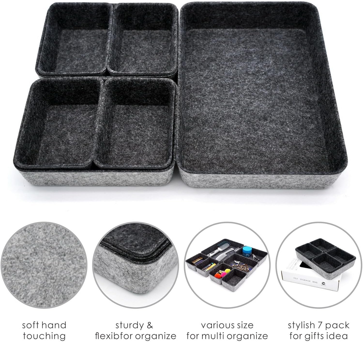 Drawer Organizers Tray Felt Storage Bin Office Shallow Small Desk Box Draw Dividers Stylish Interior Room Decor 7-Piece (Charcoal)