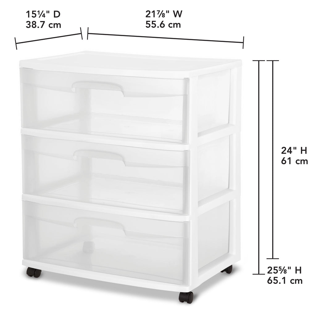 Wide 3 Drawer Cart, Clear Plastic Storage Drawers, Wheels Included, White