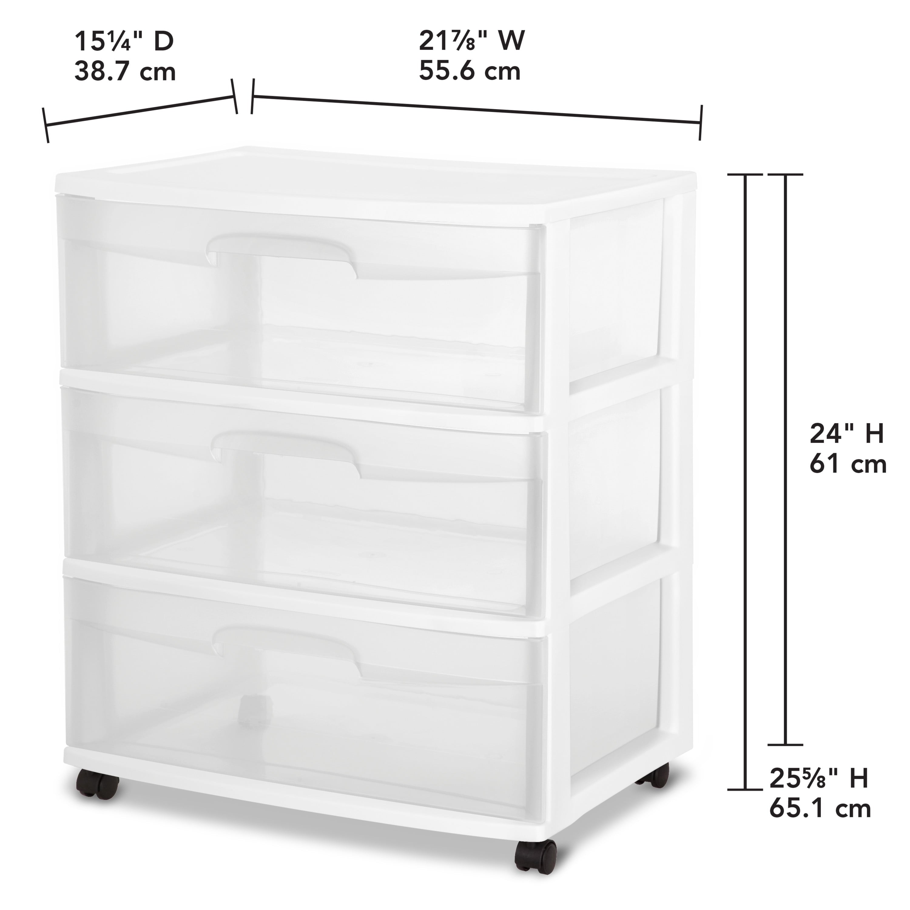 Wide 3 Drawer Cart, Clear Plastic Storage Drawers, Wheels Included, White