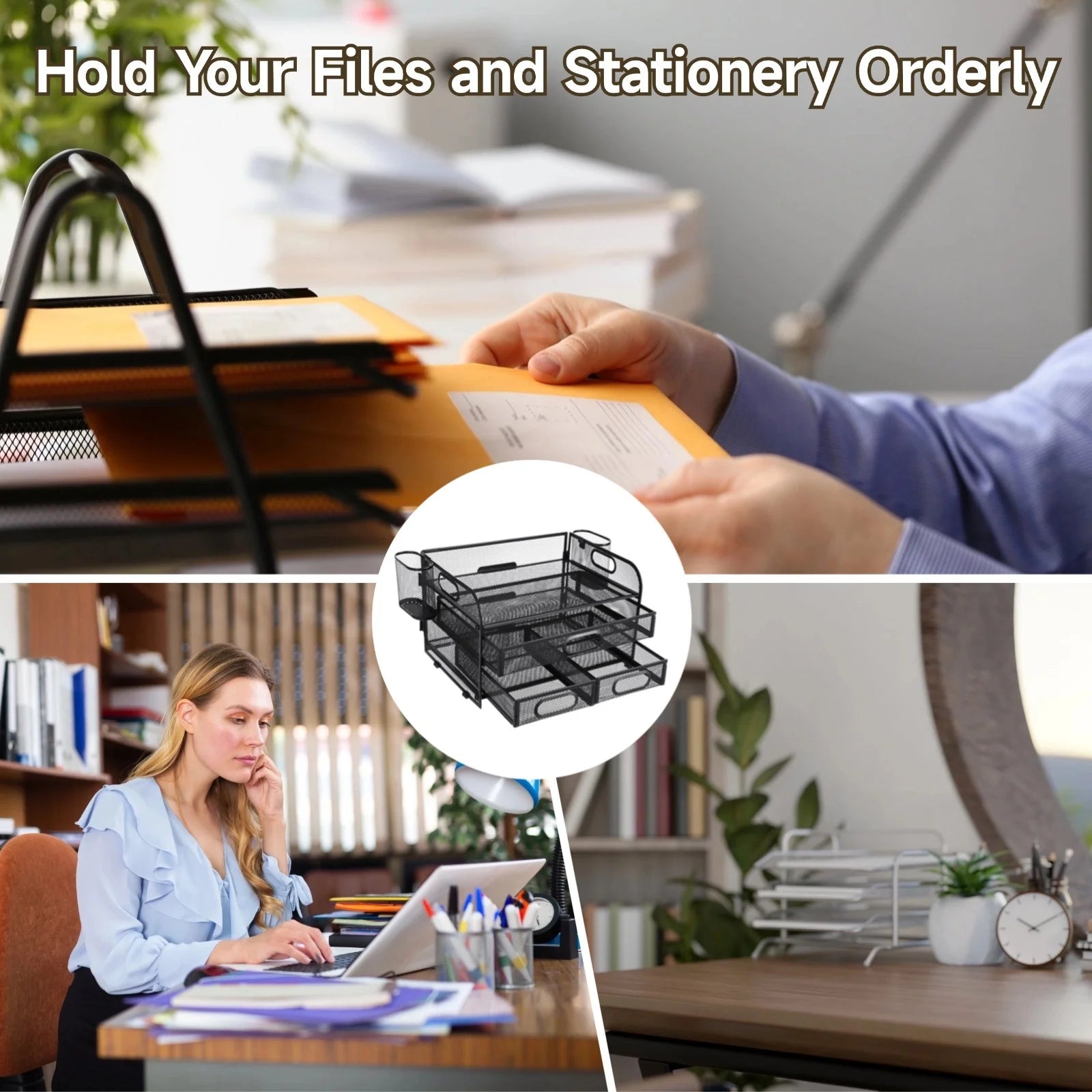 3-Tier Desk Organizer with Pen Holders, Mesh Desktop Storage for Office Supplies and Magazines, Black