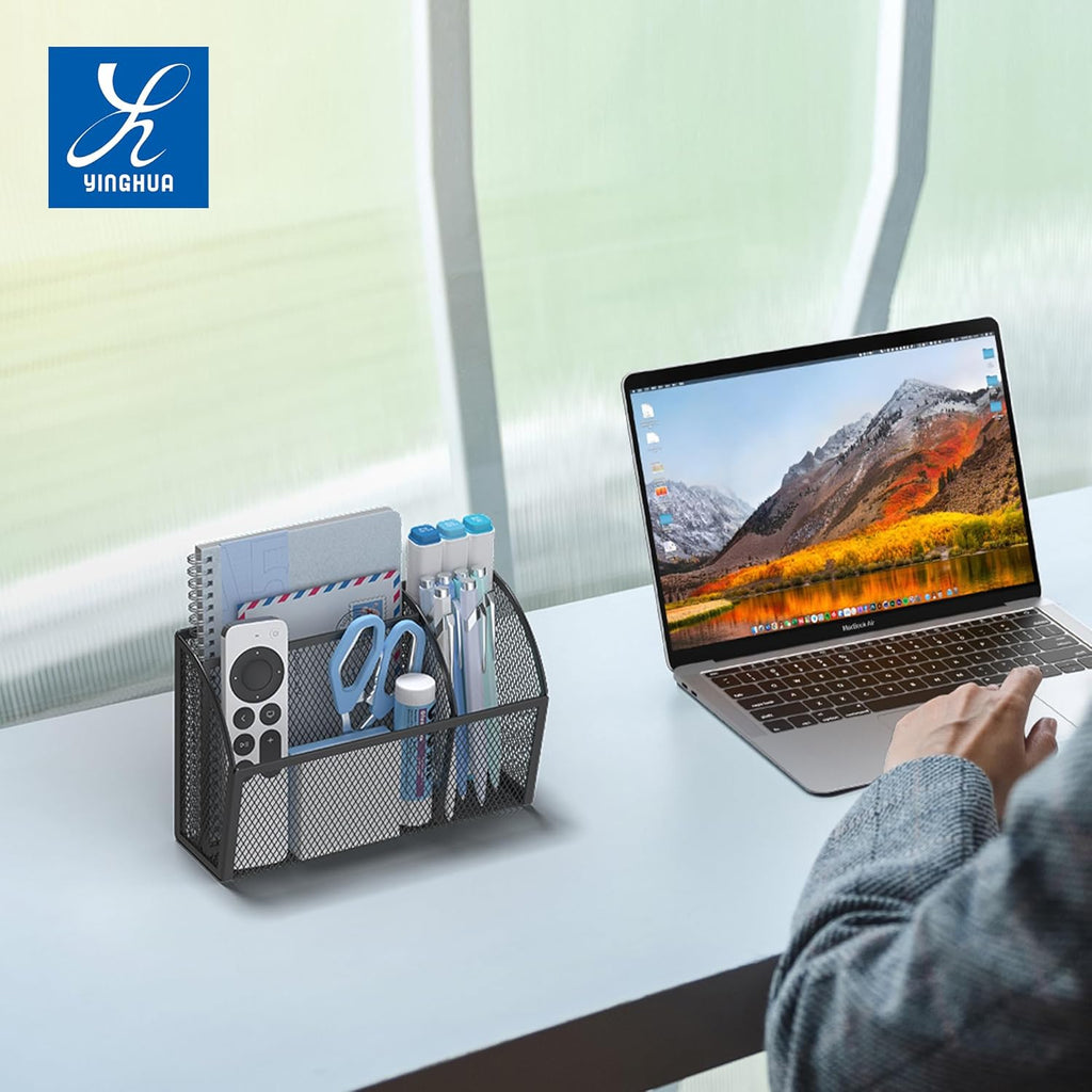 Strong Magnetic Pen Holder for Whiteboard and Refrigerator 3 Compartments Metal Mesh Organizer Space Saving Shelf for Office School Home and Locker - Black