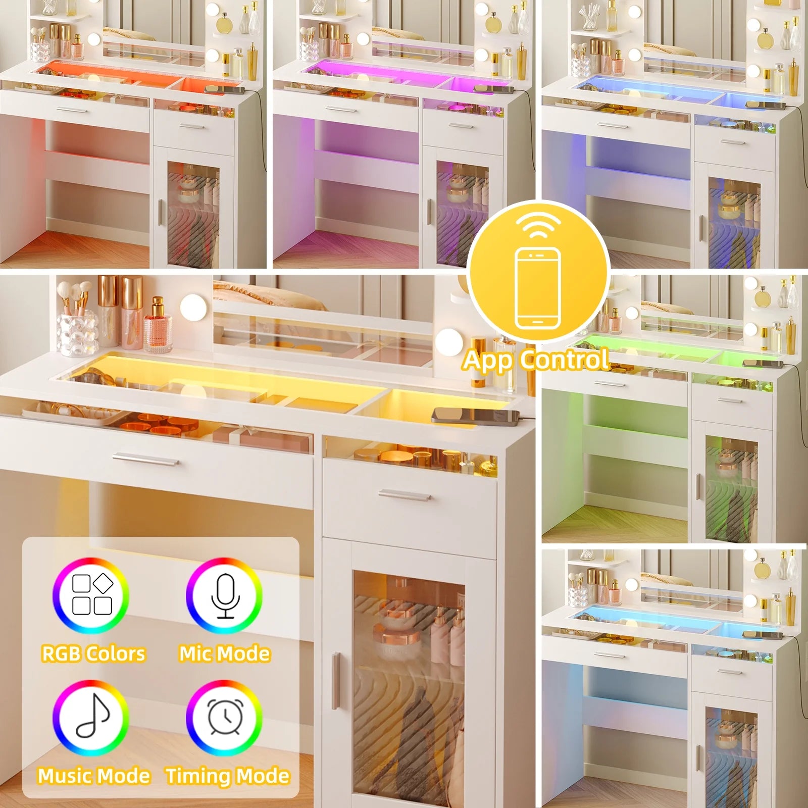 White Vanity Desk with Mirror & Lights, Power Outlet, 3 Colors, 2 RGB Drawers, 6 Shelves