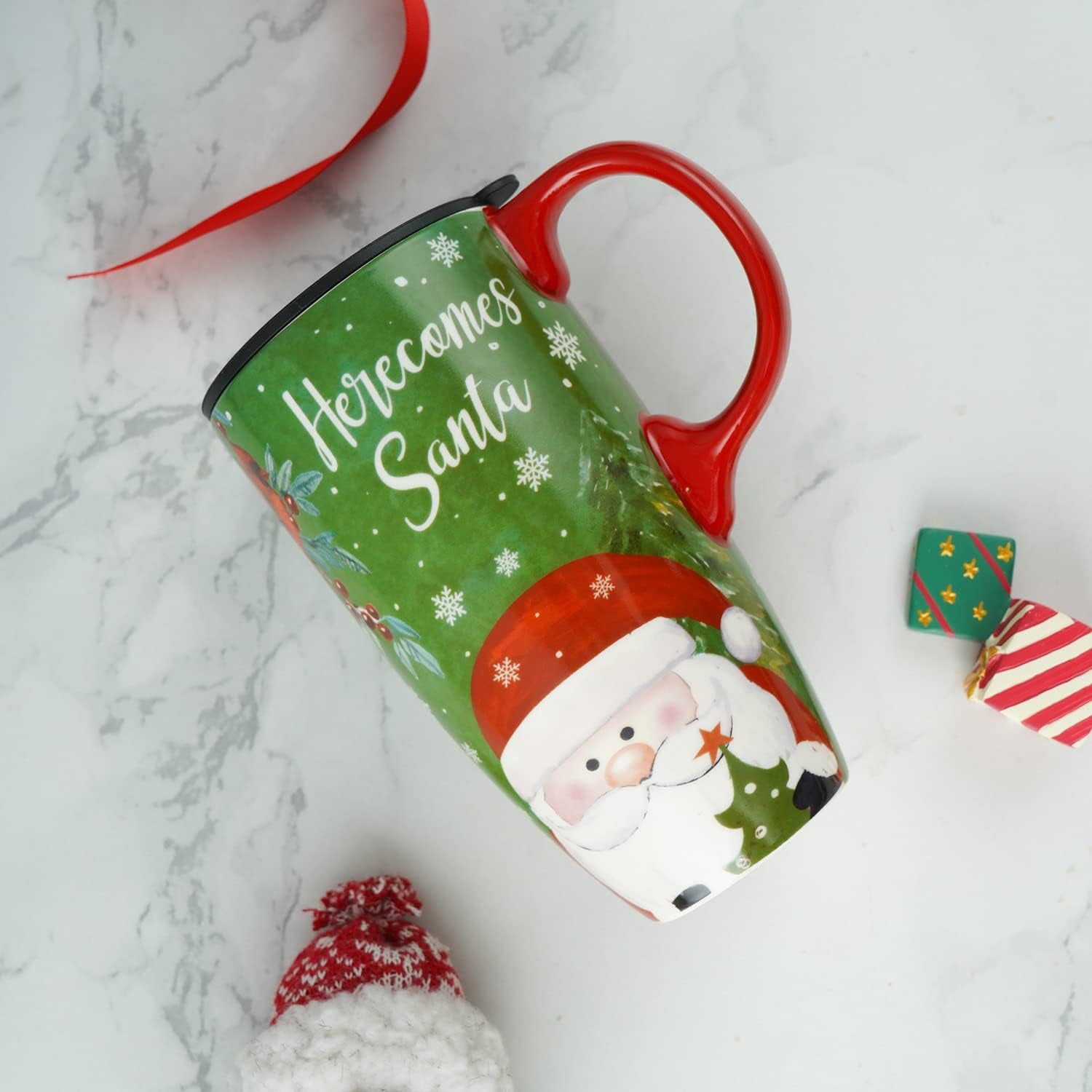 Christmas Ceramic Mug Coffee Cup with Sealed Lid and Gift Box Latte Mug, 17Oz. Here Comes Santa Claus