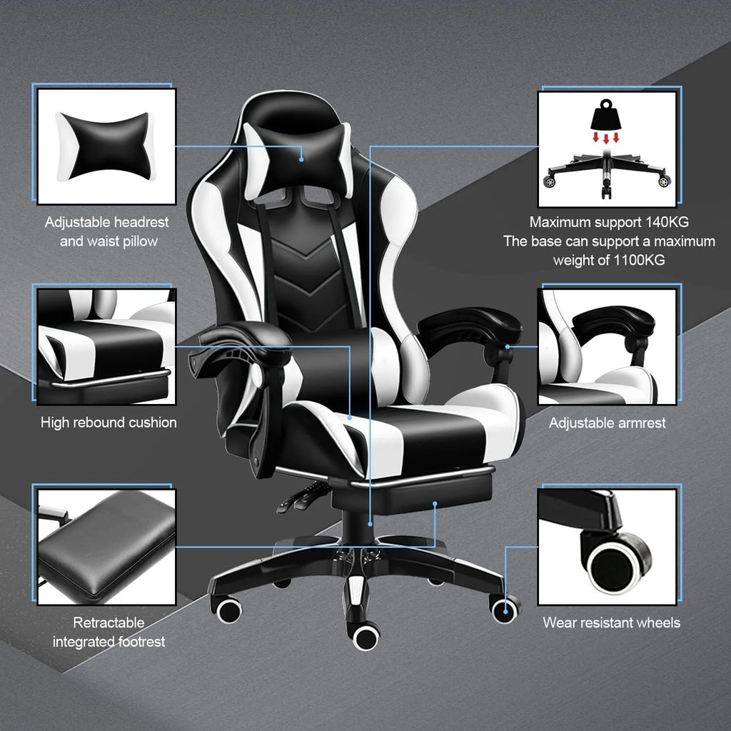 Gaming Chair with Adjustable Footrest, High Back Office Chair with Lumbar Support & Adjustable Headrest Video Game Chairs for Adults Black