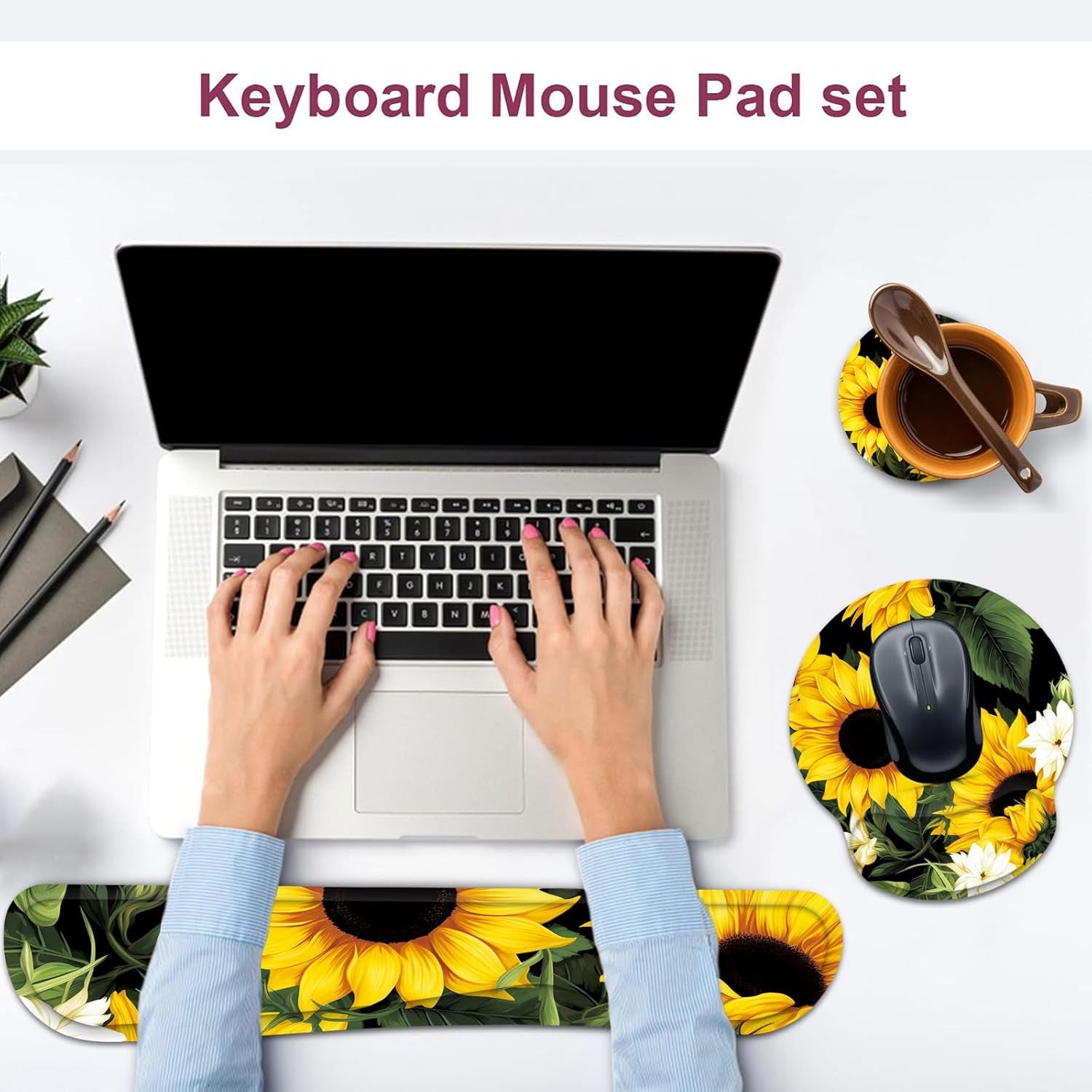 Keyboard Wrist Rest and Mouse Wrist Rest Pad with Cup Coaster,