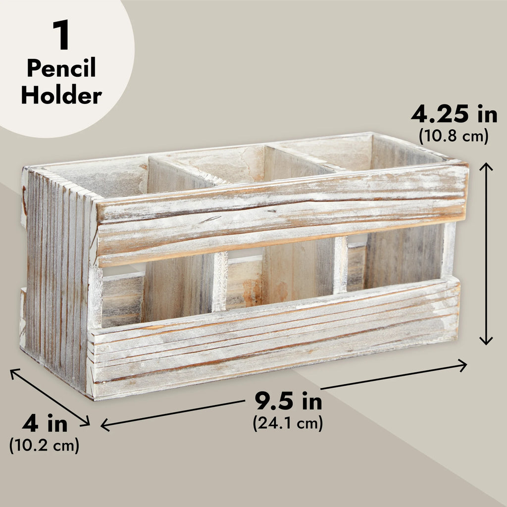 Rustic-Style Desk Pencil Holder with 3 Compartments - Farmhouse Decor and Wooden Organizer for Pen and Office Accessories