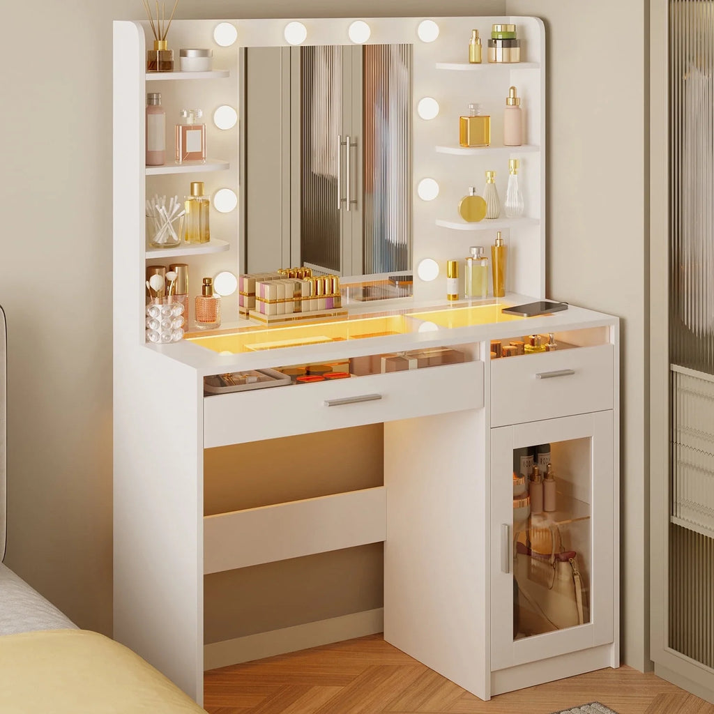 White Vanity Desk with Mirror & Lights, Power Outlet, 3 Colors, 2 RGB Drawers, 6 Shelves