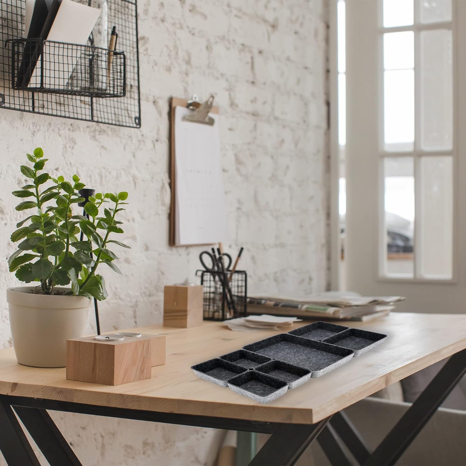 Drawer Organizers Tray Felt Storage Bin Office Shallow Small Desk Box Draw Dividers Stylish Interior Room Decor 7-Piece (Charcoal)