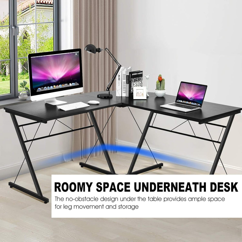 L-Shaped Desk Corner Computer Desk, Space-Saving & Multifunctional Home Office Desk Writing Workstation Study Desk with round Corner (Black)