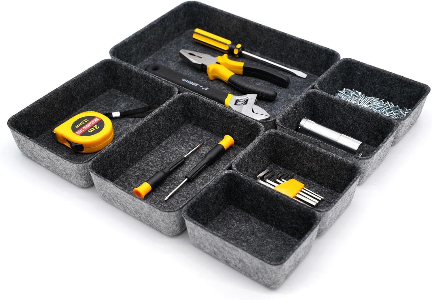 Drawer Organizers Tray Felt Storage Bin Office Shallow Small Desk Box Draw Dividers Stylish Interior Room Decor 7-Piece (Charcoal)