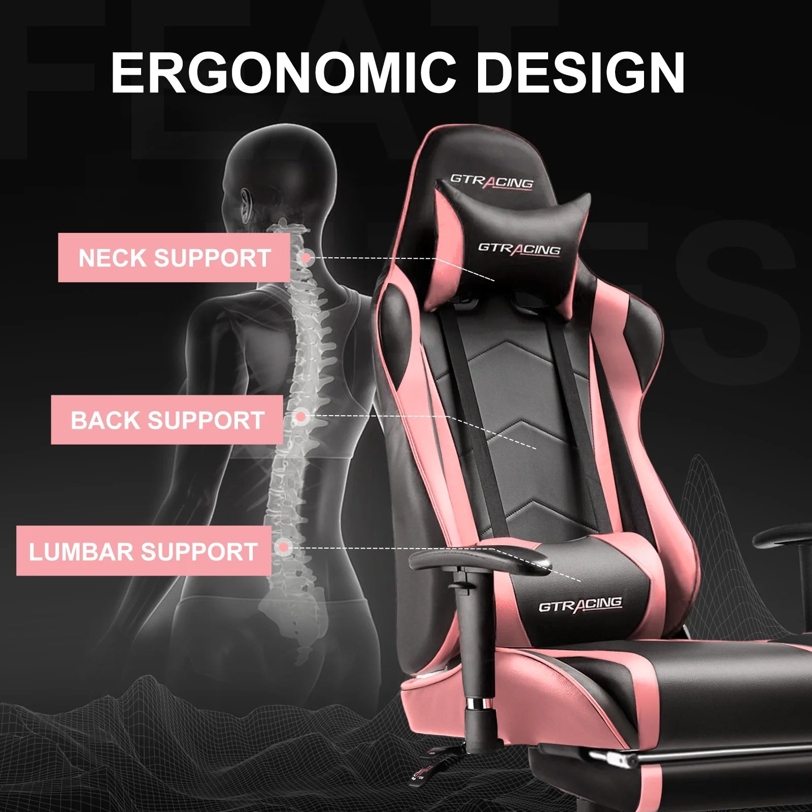 Gaming Chair with Footrest PU Leather Office Chair with Adjustable Headrest, Pink