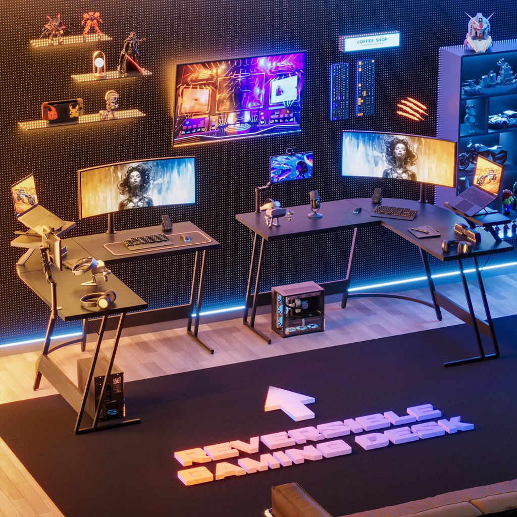 L-Shaped Gaming Desk 51 Inches Corner Office Gaming Desk with Removable Monitor Riser, Classical Black