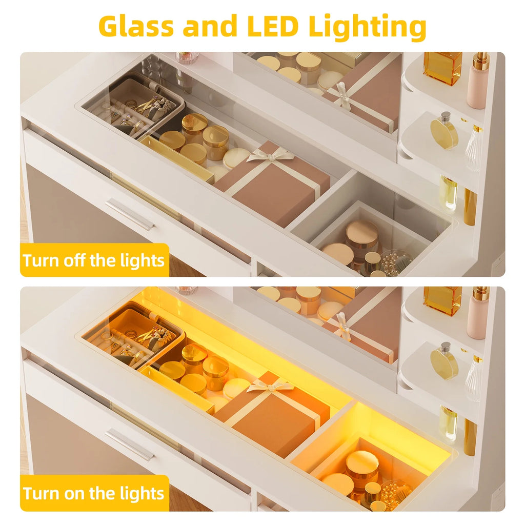 White Vanity Desk with Mirror & Lights, Power Outlet, 3 Colors, 2 RGB Drawers, 6 Shelves