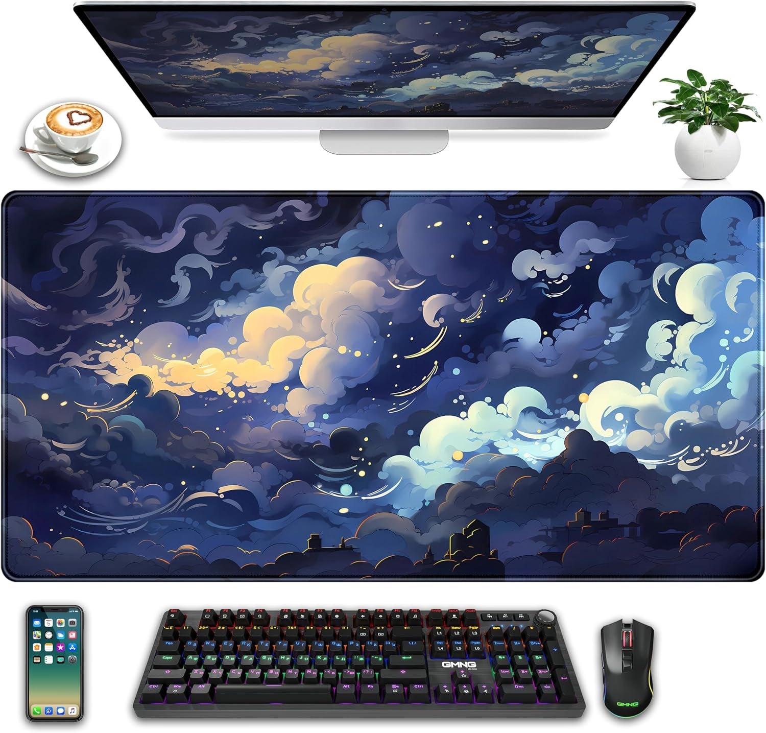Blue Clouds Desk Mat Large XXL Gaming Mouse Pad Non-Slip Rubber Base Mousepad, Cool Office Desktop Decor Desk Pad, Computer Laptop Keyboard and Mouse Mat with Stitched Edges, 31.5X15.75 In