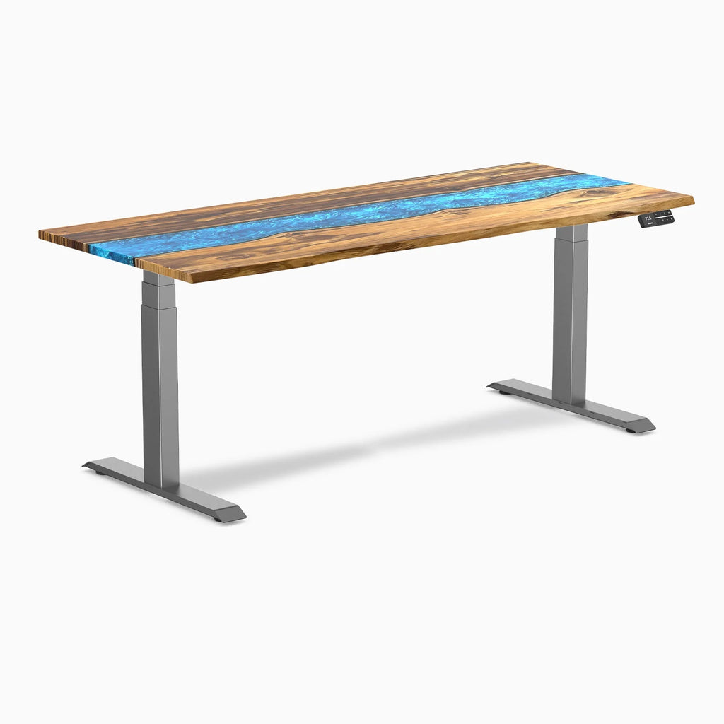 Dual Resin Hardwood Sit Stand Desk - Teak Blue River / 72 X 30 Inches / Space Gray