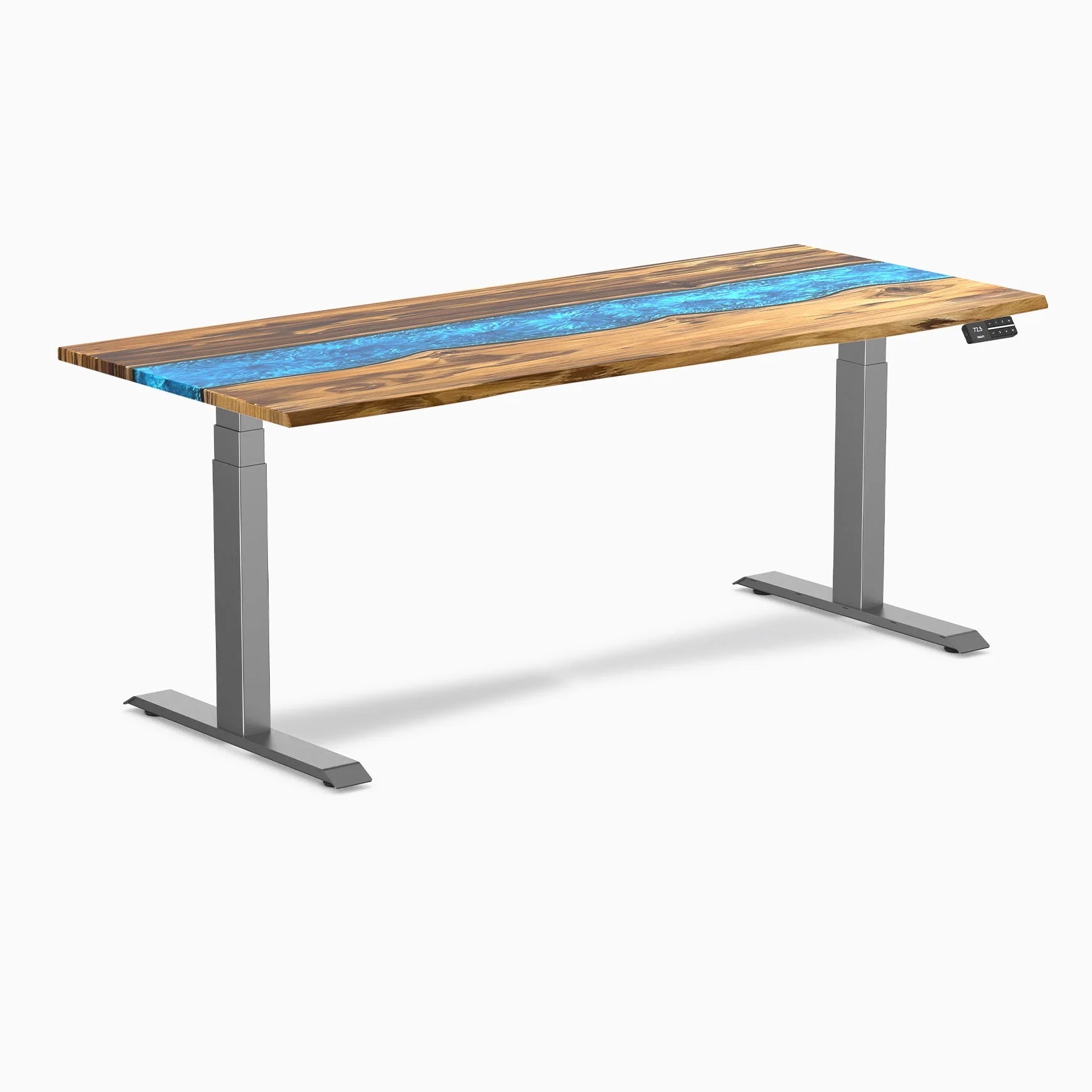Dual Resin Hardwood Sit Stand Desk - Teak Blue River / 72 X 30 Inches / Space Gray