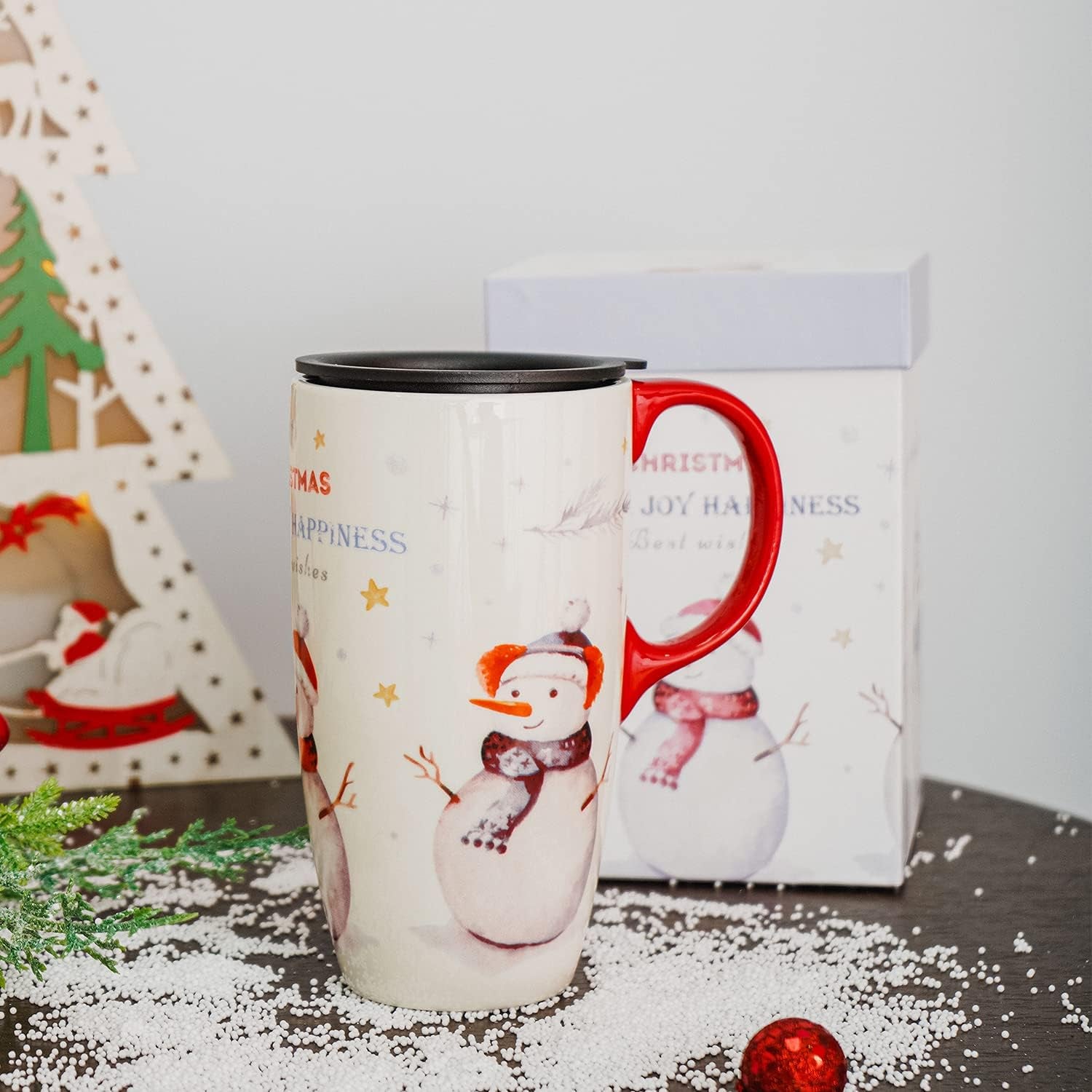 Ceramic Snowman Mug - 17 Oz Gift Boxed "Peace, Joy, and Happiness" Design