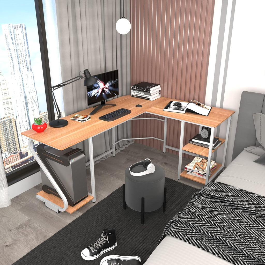 L Shaped Desk with Storage Shelf Reversible Gaming Desk Corner Computer Desk for Home Office, Spacious Laptop Table Saving Space PC Workstation, Walnut