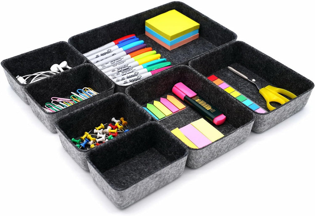 Drawer Organizers Tray Felt Storage Bin Office Shallow Small Desk Box Draw Dividers Stylish Interior Room Decor 7-Piece (Charcoal)