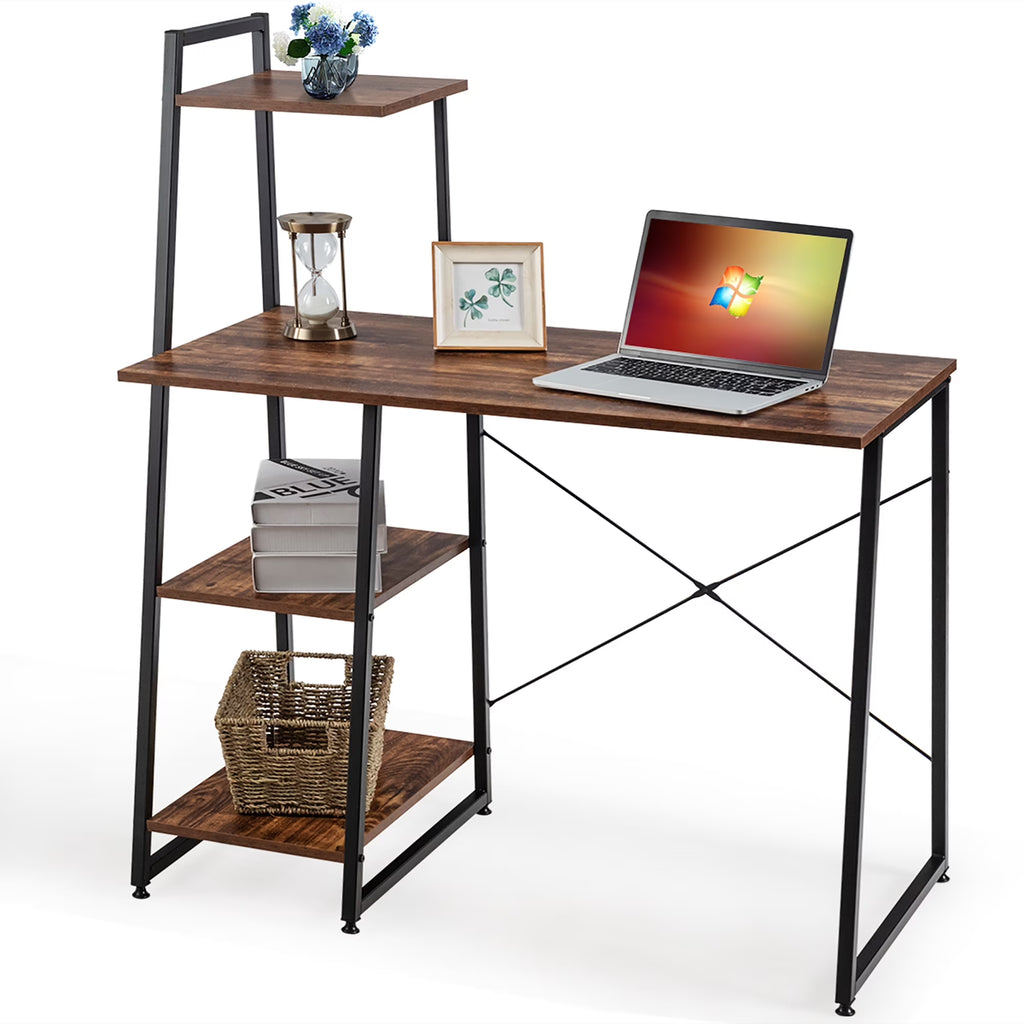 Modern Computer Desk with 3-Tier Storage Shelf CPU Stand Metal Frame for Bedroom