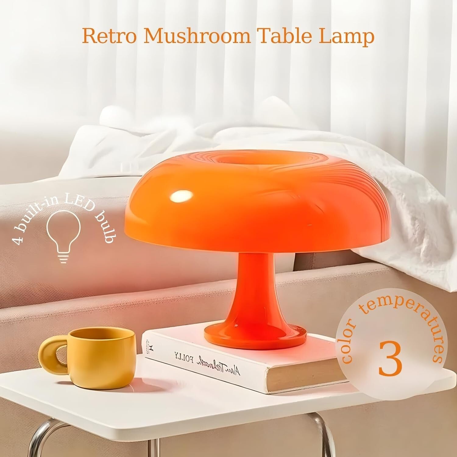 Retro Orange Mushroom Lamp for Bedroom Nightstand Mid Century Modern Table La...