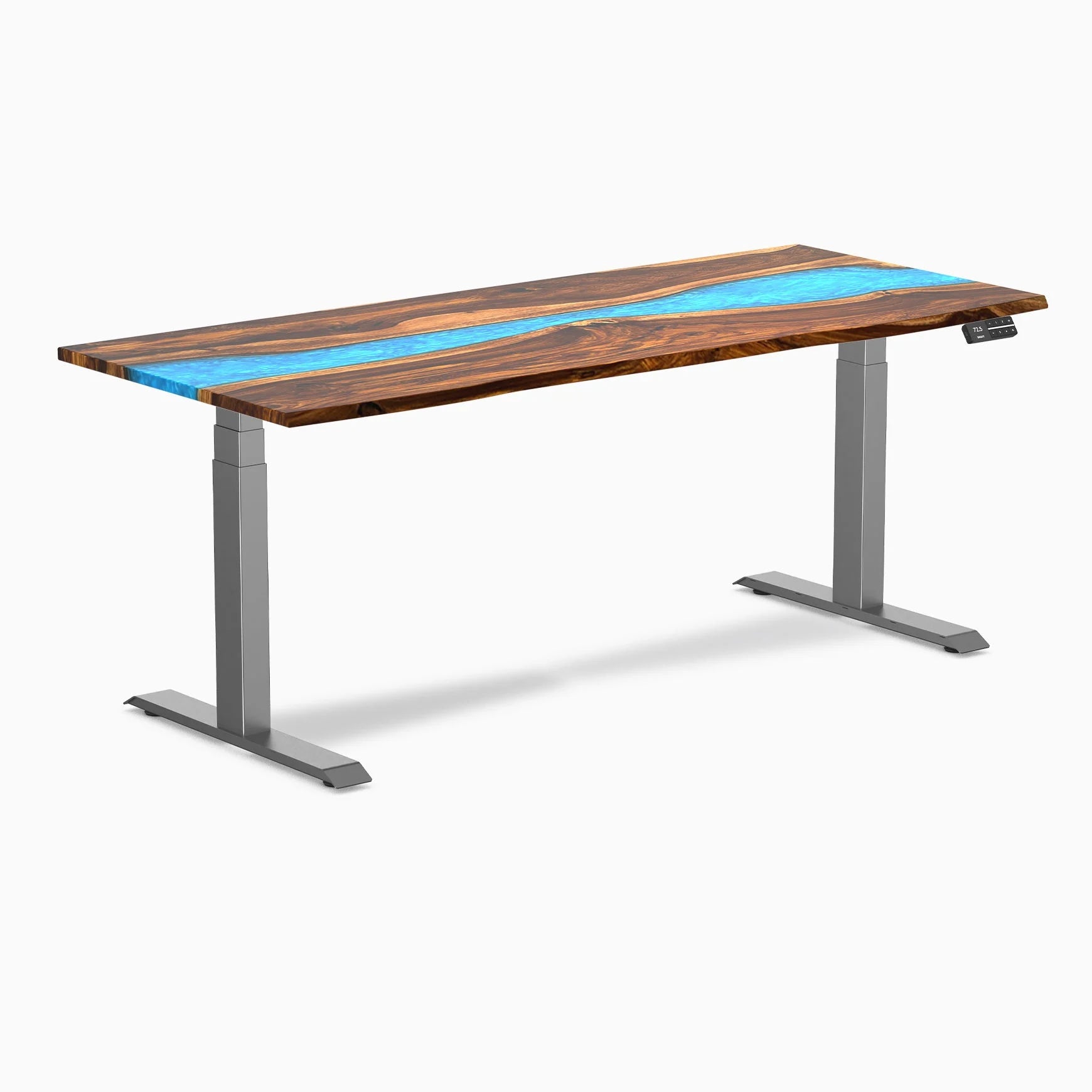 Dual Resin Hardwood Sit Stand Desk - Pheasantwood Blue River / 72 X 30 Inches / Space Gray