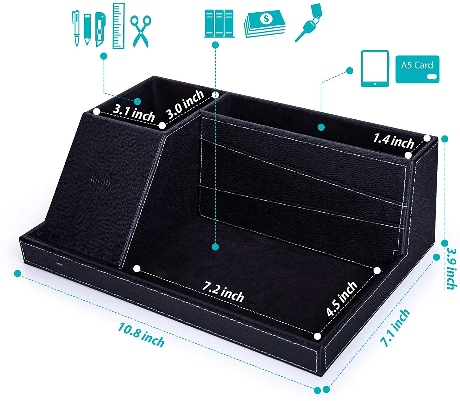 Desk Organizer with Wireless Charging for Iphone, PU Leather Valet Catchall Tray with Pencil Holder for Desk & Nightstand Organizer Home Office, 1 Pack