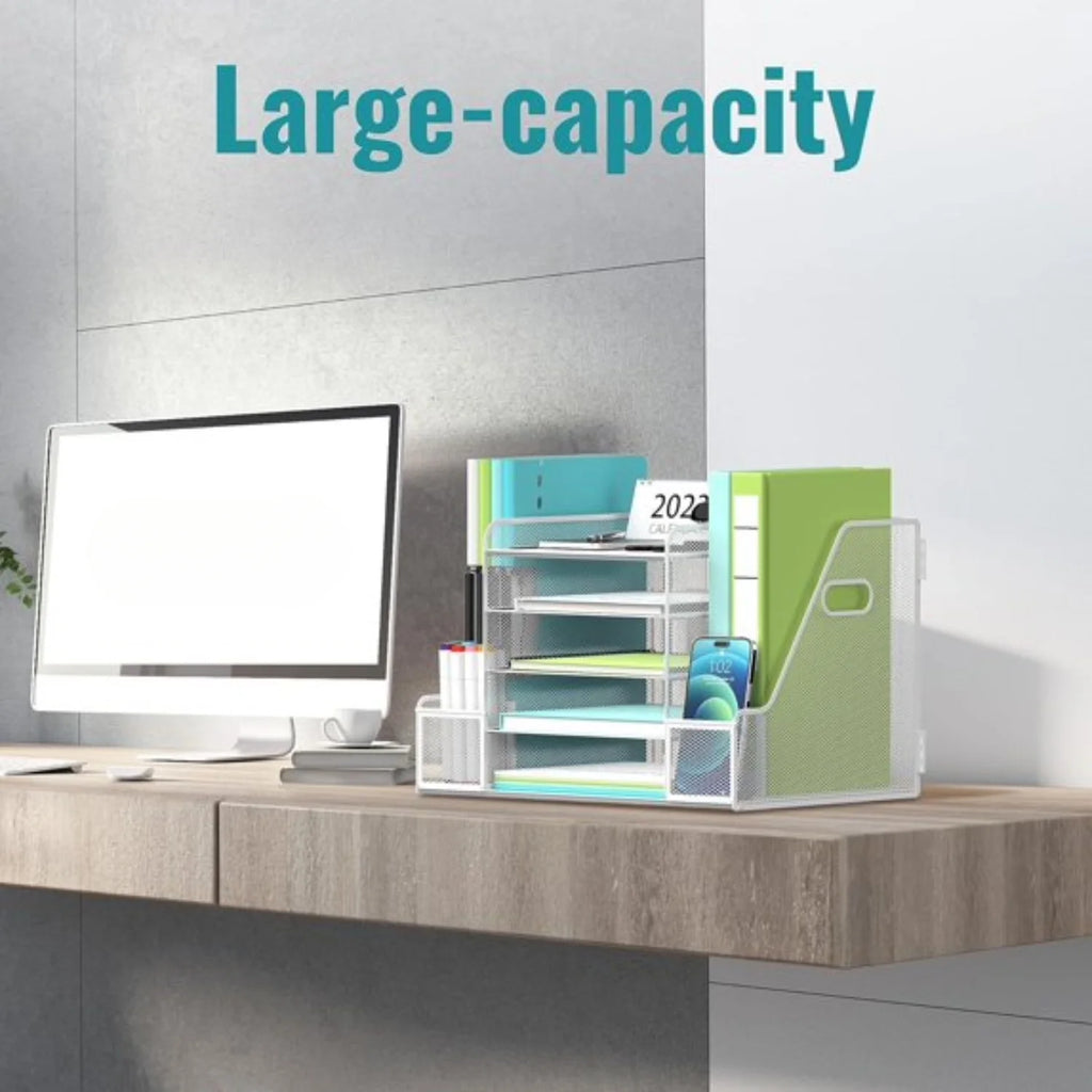 5-Tier Desk Organizer with File Holder, Mesh Paper Letter Tray Organizer with Magazine Holder, Desktop Organizer and Storage for Office Supplies