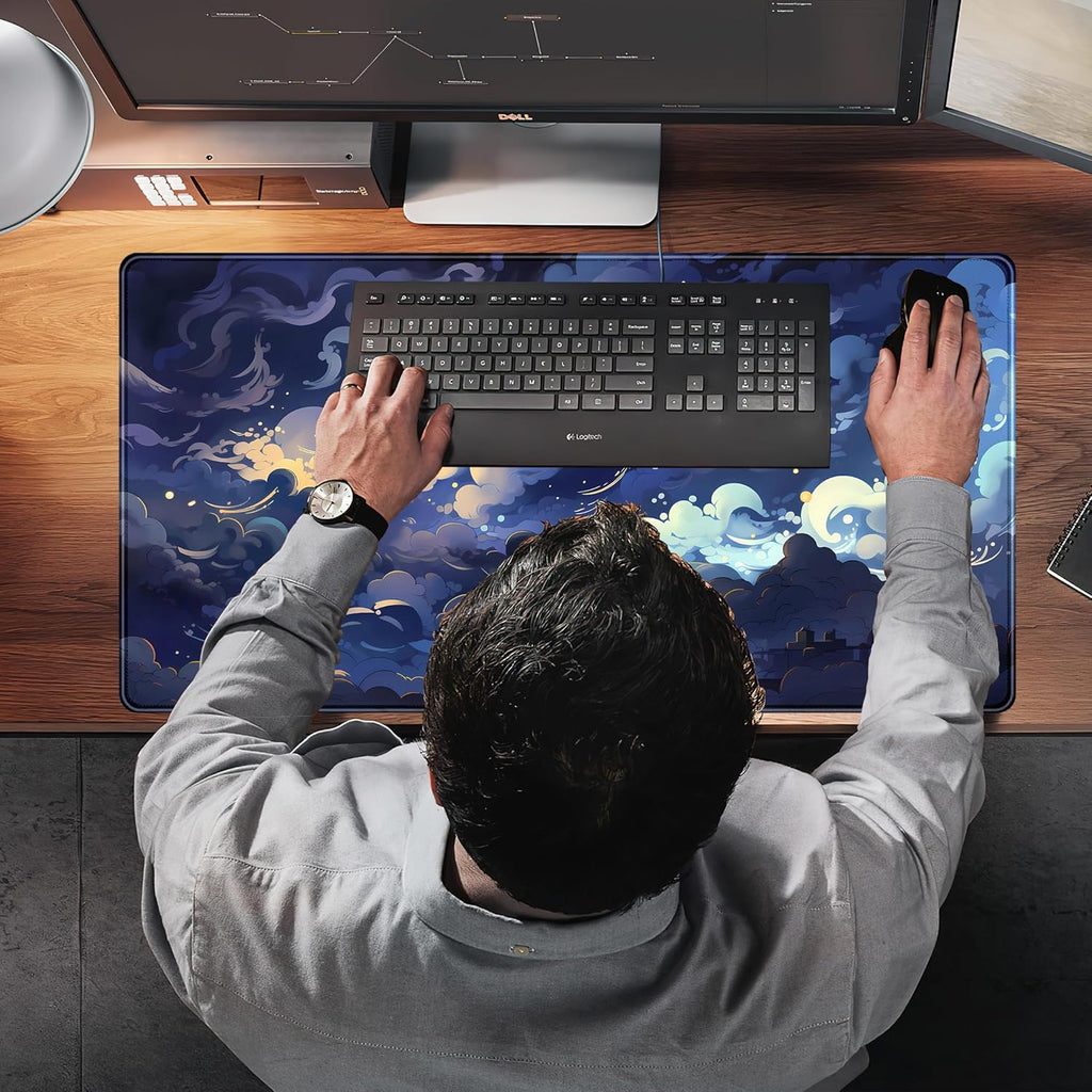 Blue Clouds Desk Mat Large XXL Gaming Mouse Pad Non-Slip Rubber Base Mousepad, Cool Office Desktop Decor Desk Pad, Computer Laptop Keyboard and Mouse Mat with Stitched Edges, 31.5X15.75 In