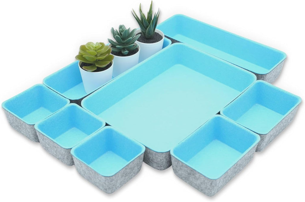 Drawer Organizers Bins Dividers Storage Trays Shallow Organizing Box for Office Supplies Makeup Nightstand Catchall Key Holder Cozy Room Decor 8-Piece (Baby Blue)