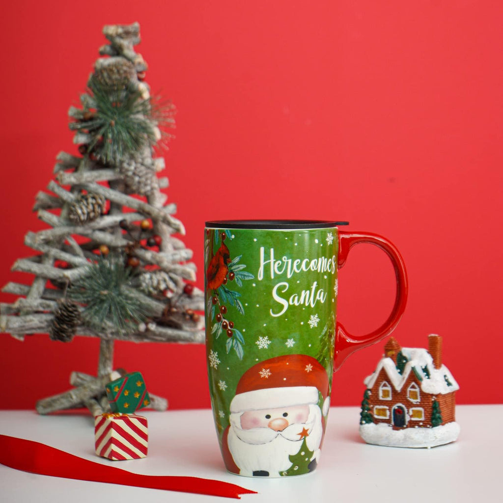 Christmas Ceramic Mug Coffee Cup with Sealed Lid and Gift Box Latte Mug, 17Oz. Here Comes Santa Claus
