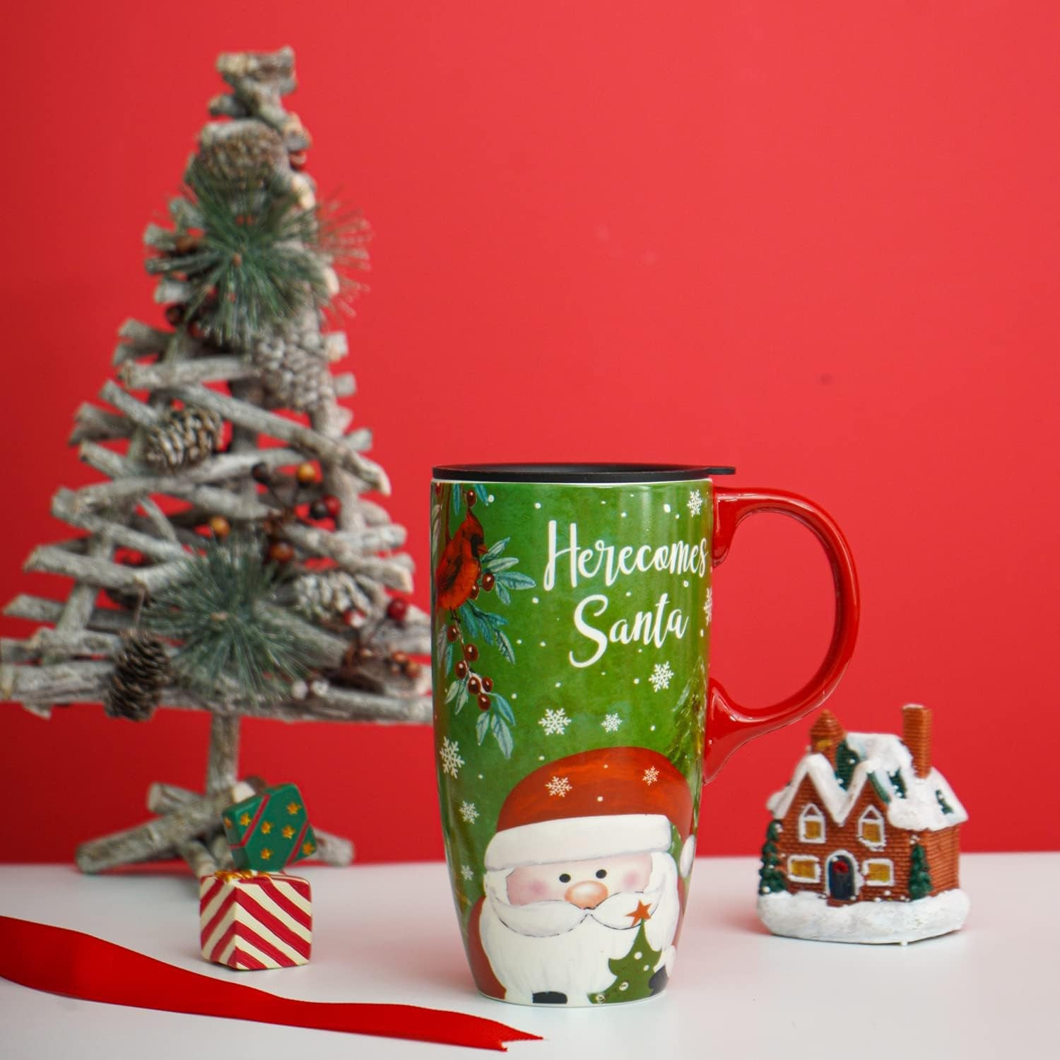 Christmas Ceramic Mug Coffee Cup with Sealed Lid and Gift Box Latte Mug, 17Oz. Here Comes Santa Claus