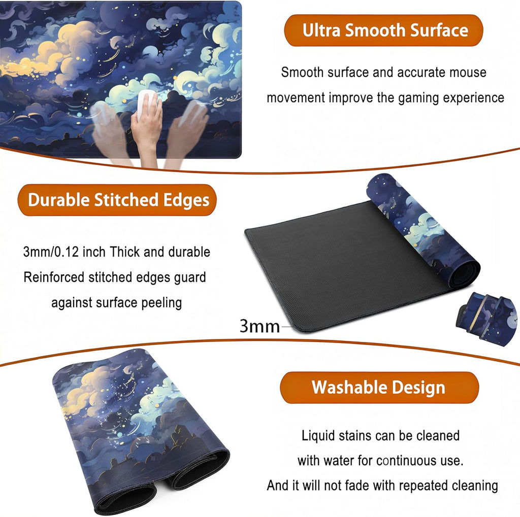 Blue Clouds Desk Mat Large XXL Gaming Mouse Pad Non-Slip Rubber Base Mousepad, Cool Office Desktop Decor Desk Pad, Computer Laptop Keyboard and Mouse Mat with Stitched Edges, 31.5X15.75 In