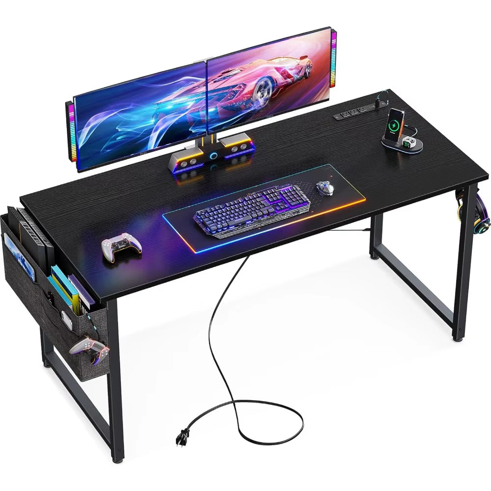 Small Desk with Power Outlets and USB Port - Modern Home Office Gaming Desk with Storage