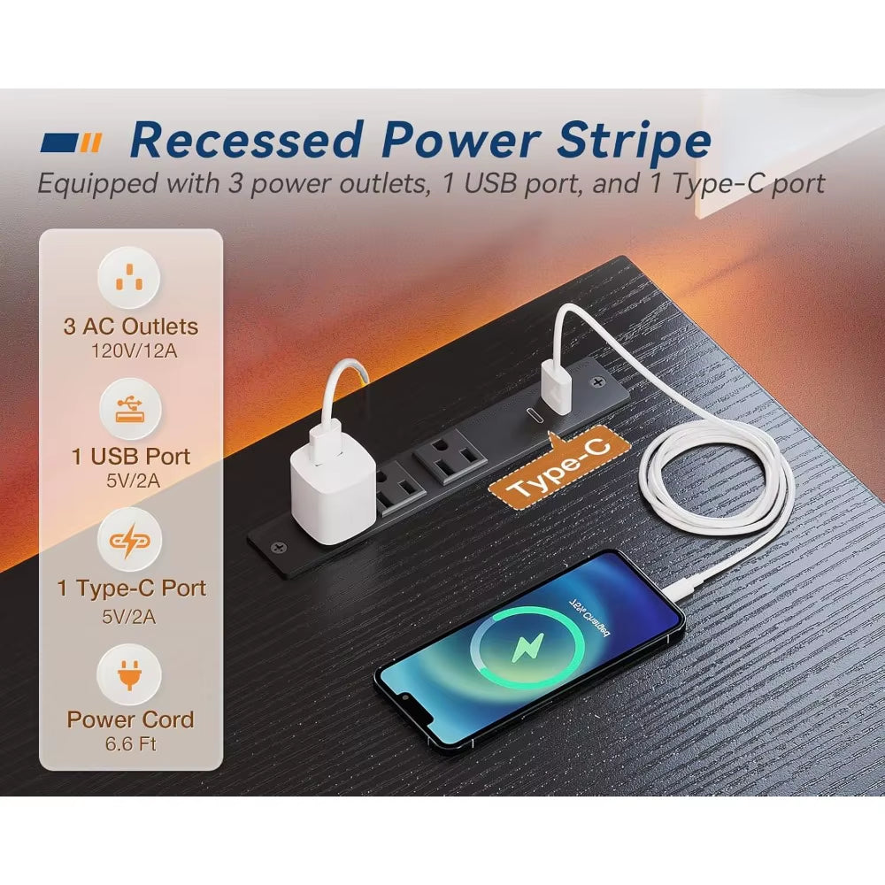 Small Desk with Power Outlets and USB Port - Modern Home Office Gaming Desk with Storage