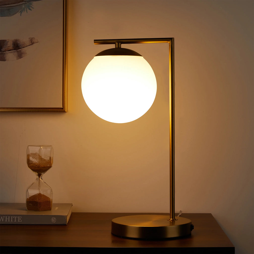 17.5" Frosted Globe Desk Lamp with USB Ports, Brass