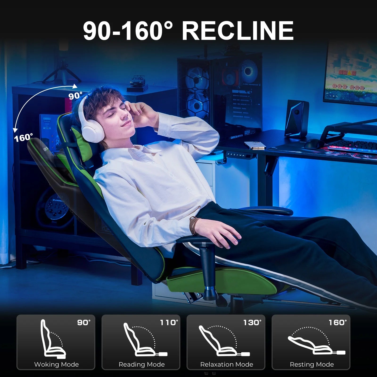 Gaming Chair Office Chair PU Leather with Adjustable Headrest and Lumbar Pillow, Green