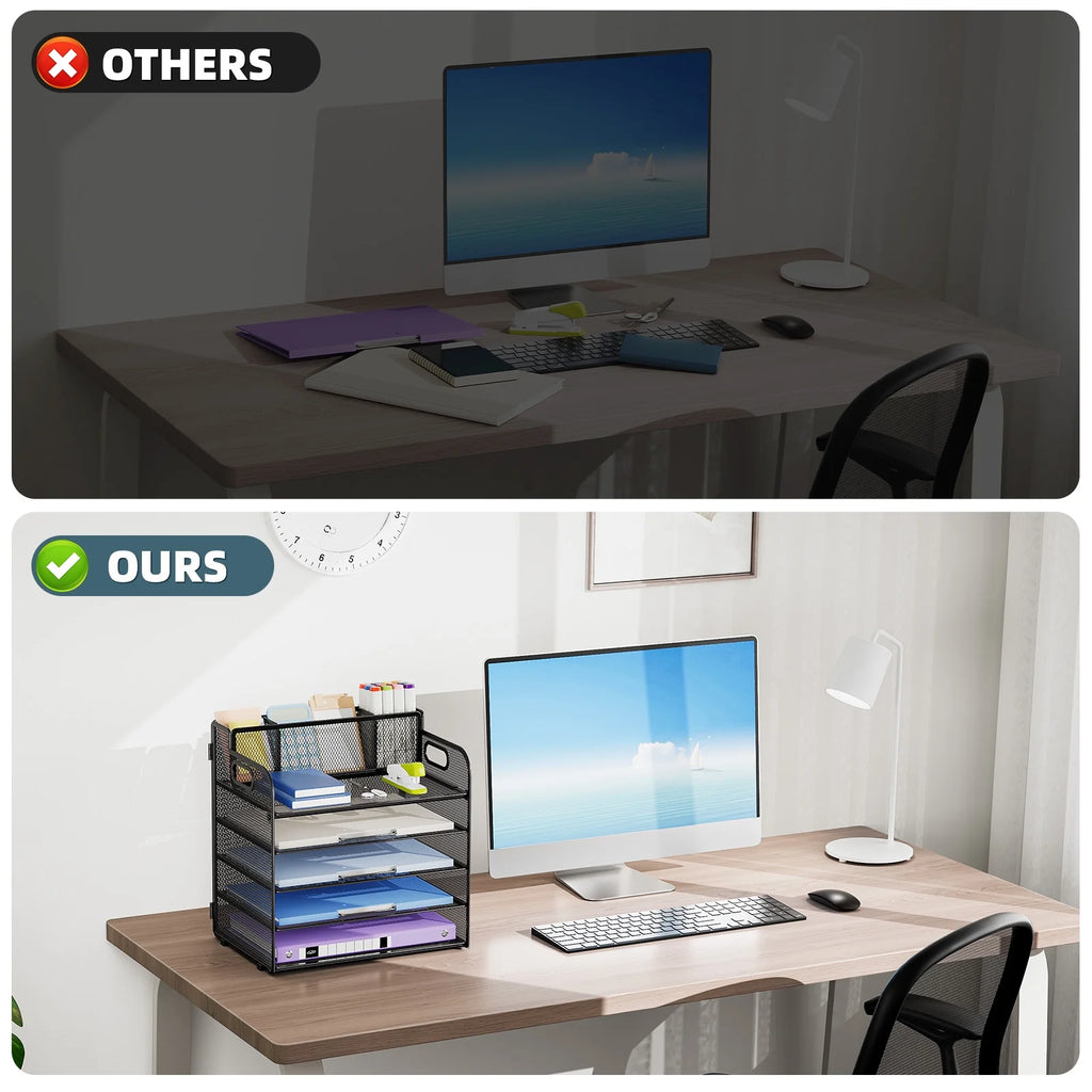 5-Tier Paper Letter Tray Organizer with Pen Holder, Mesh Desk Organizer with Handle