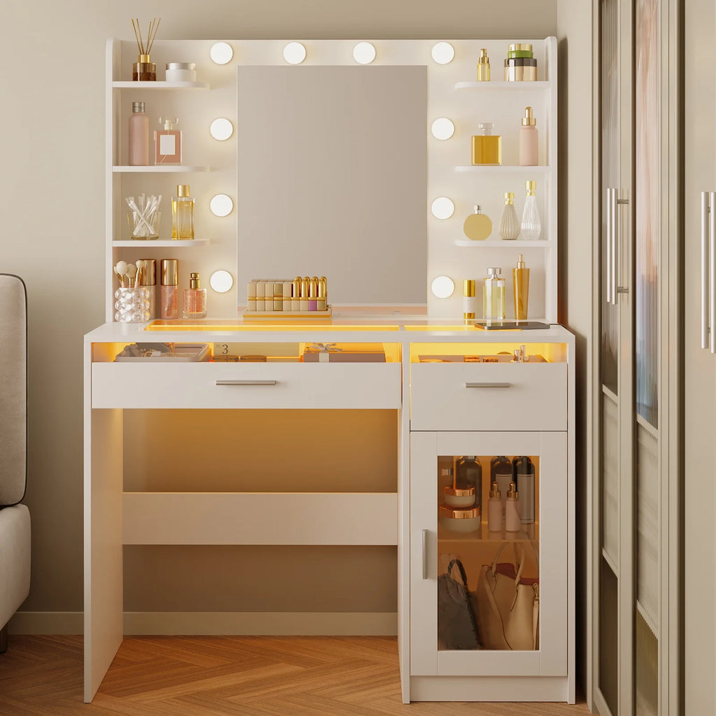 White Vanity Desk with Mirror & Lights, Power Outlet, 3 Colors, 2 RGB Drawers, 6 Shelves