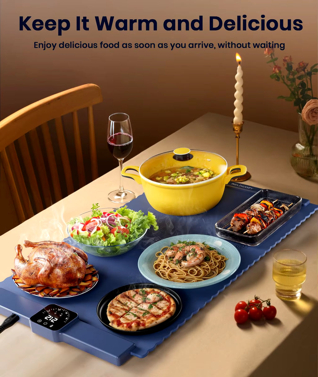 Food Warming Mat Electric Warmer Tray Silicone with 5 Temperature Timming Settings and Child-Lock for Parties Buffet Kitchen Pad