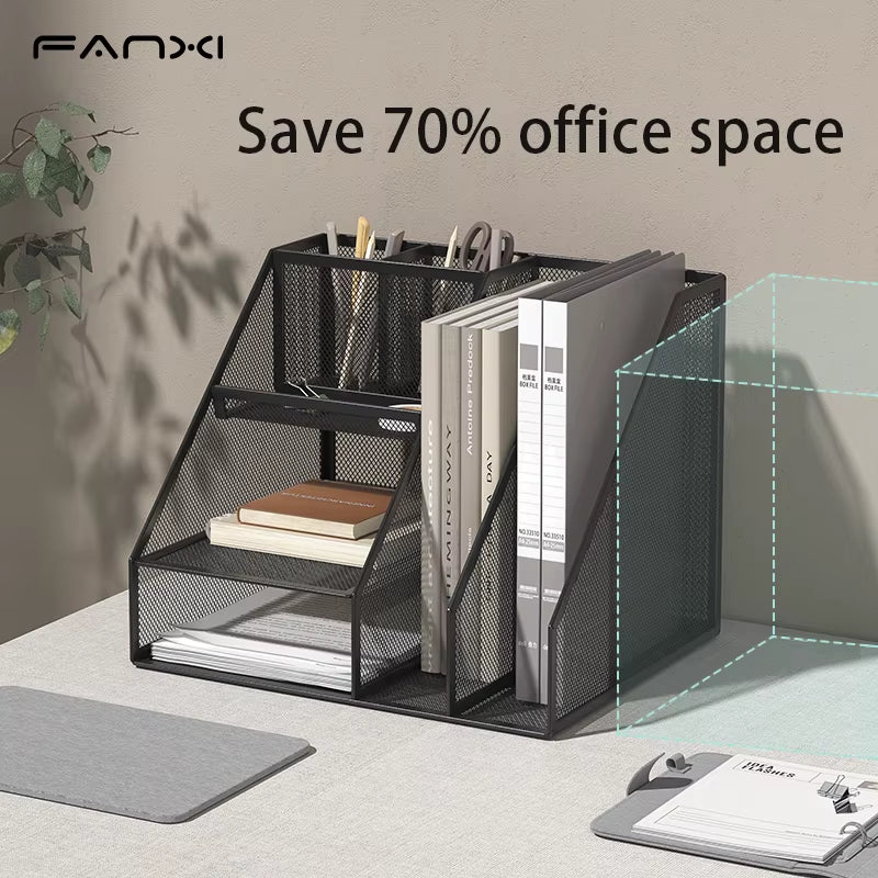 Desk Organizer with File Holder, Desk Organizers with 3 Tier Letter Trays and 2 Pen Holders,