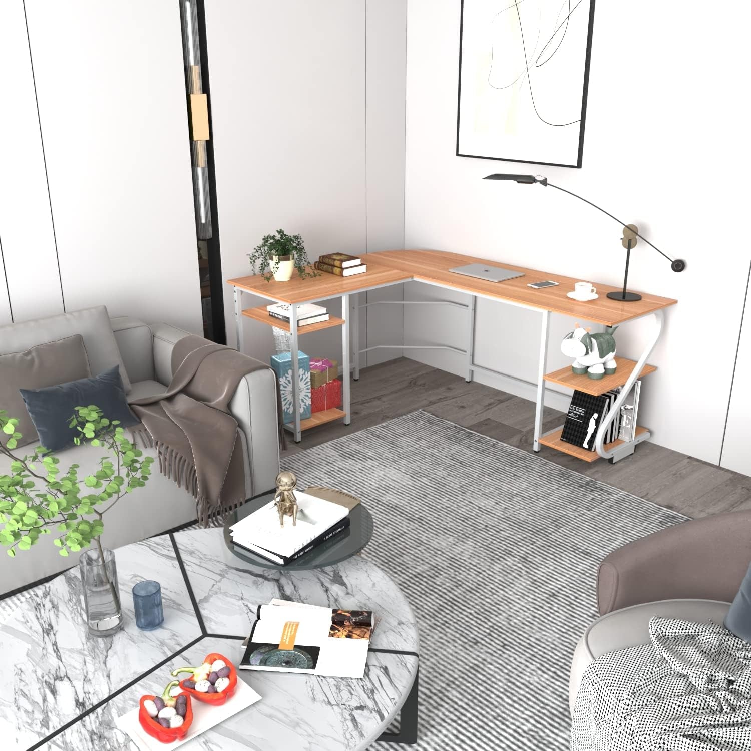 L Shaped Desk with Storage Shelf Reversible Gaming Desk Corner Computer Desk for Home Office, Spacious Laptop Table Saving Space PC Workstation, Walnut