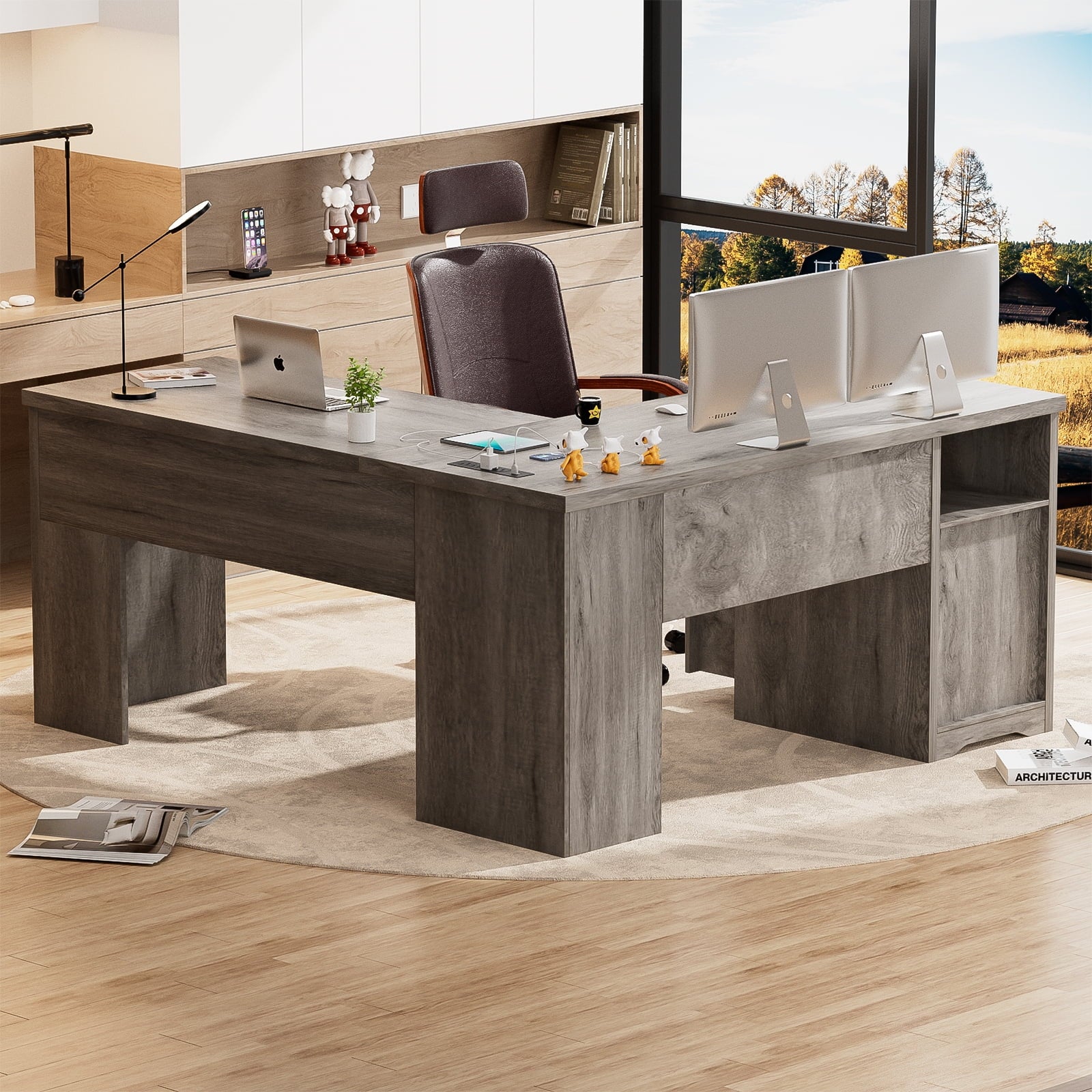 L Shaped Desk with Power Outlets and USB Charging Ports, Lift Top Corner Computer Desk with Drawer, Large Office Desk with Storage Shelves, L Shaped Standing Desk for Home Office, Wash Gray