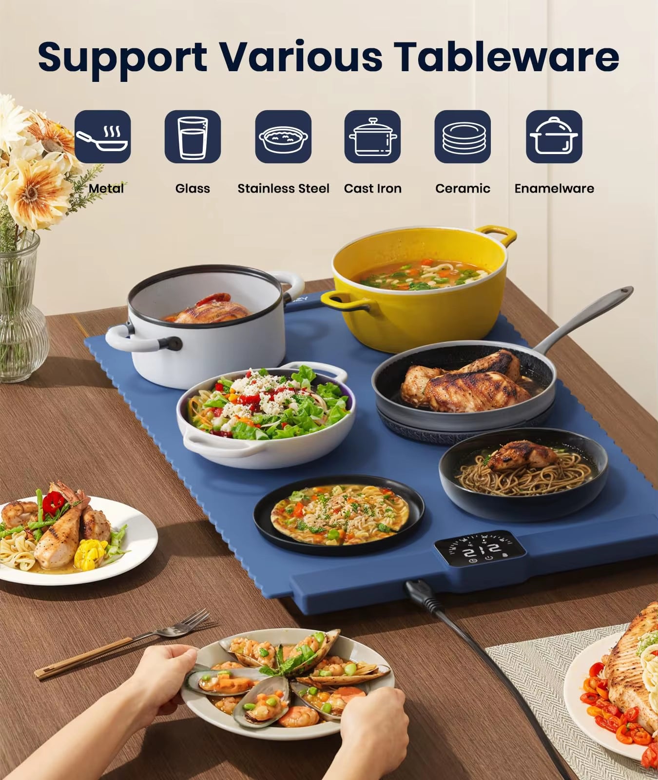 Food Warming Mat Electric Warmer Tray Silicone with 5 Temperature Timming Settings and Child-Lock for Parties Buffet Kitchen Pad